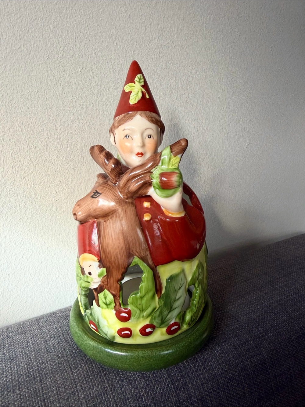 Villeroy & Boch Hand-Painted Red and Green Ceramic Elf with Deer Lantern